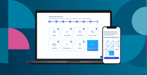 Aptem Assess on mobile and laptop screen on a branded background