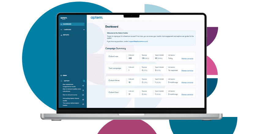 the Aptem Assess admin console on a laptop screen