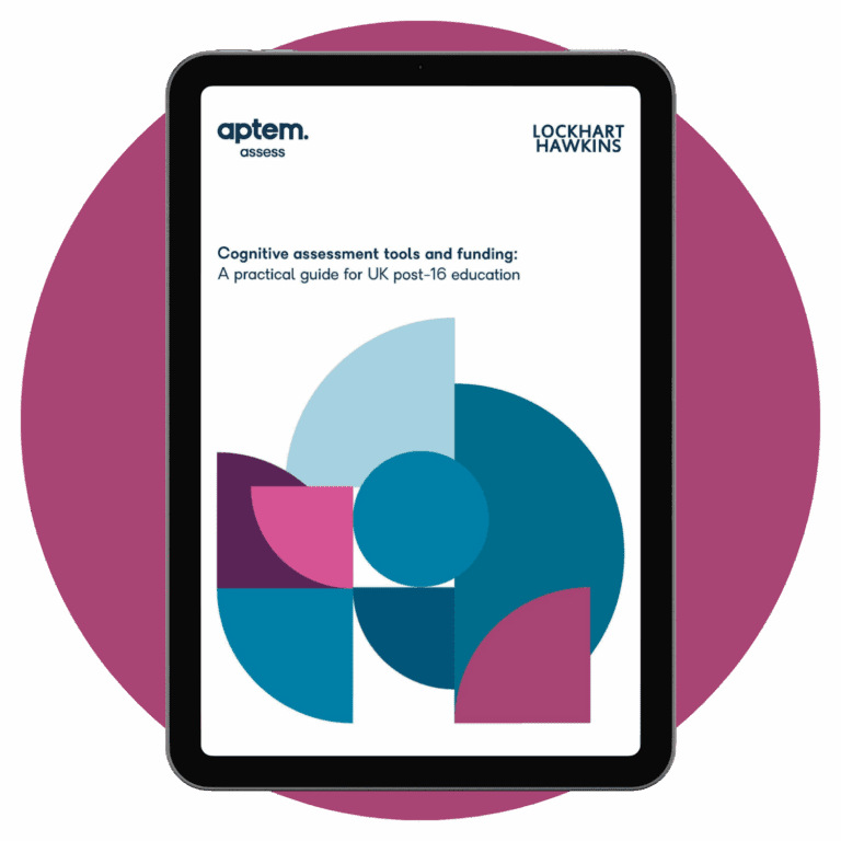 Cover of the free guide “Cognitive assessment tools and funding: A practical guide for UK post-16 education.”