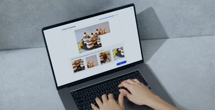 The Aptem Assess picture completion task on a laptop screen